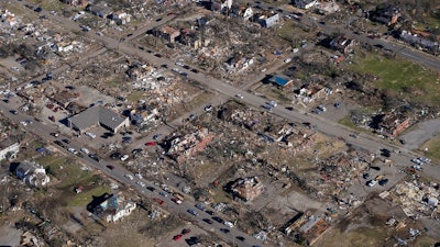 Aerial photo of destruction in the aftermath of tornadoes in downtown Mayfield, Ky., Dec. 12, 2021.