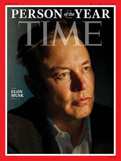 This photo provided by Time magazine shows Elon Musk on the cover of the magazine's Dec. 27 - Jan 3 double issue announcing Musk as their 2021 'Person of the Year.'