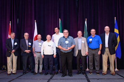BSA Past Presidents presenting the Lifetime Achievement Award to Doug Savage include (left to right): Jim Fitzpatrick, BSC Industries Inc.; Jim Scardina, Bearing Headquarters Company; Brian Davis, B&D Industrial; Andy Nations, B&D Industrial; Brian Negri, Jamaica Bearings Company, Inc.; Doug Savage, Bearing Service, Inc., Peter Fitzpatrick, BSC Industries Inc., Steve Durston, Jamaica Bearings Company, Inc., Jack Simpson, Applied Industrial Technologies.