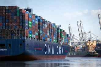The container ship CMA CGM Laperouse, left, docks at the Georgia Ports Authority's Port of Savannah, Sept. 29, 2021, in Savannah, Ga. The Port of Savannah saw a whopping 20% increase in shipping containers moving across its docks in 2021 as U.S. seaports scrambled to keep up with a surge in cargo that crammed container yards and forced ships to line up and wait at sea. The Georgia Ports Authority reported Tuesday, Jan. 25, 2022 that Savannah's port handled a record 5.6 million container units of imports and exports last year _ an increase of 1 million container units from the 2020 calendar year.