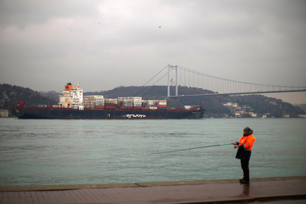 Cargo ship Oakland crosses the Bosphorus strait towards the Marmara sea after departing from Russia's Novorossiysk port, in Istanbul on March 1, 2022.