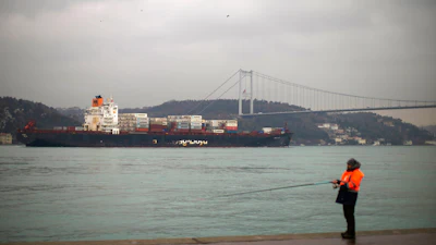 Cargo ship Oakland crosses the Bosphorus strait towards the Marmara sea after departing from Russia's Novorossiysk port, in Istanbul on March 1, 2022.