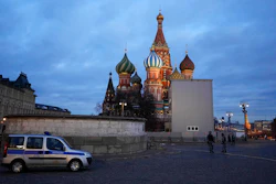 A police car is parked in Red Square, with St. Basil's Cathedral in the background, in Moscow, Russia, on March 4, 2022.