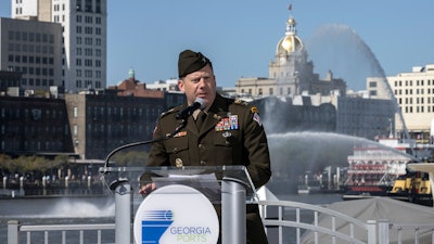 Col. Joe Geary, commander of the U.S. Army Corps of Engineers-Savannah District, speaks at a ceremony marking completion of the Savannah Harbor deepening, Savannah, Ga., March 25, 2022.