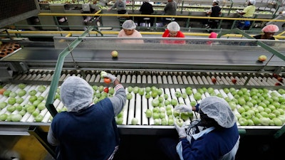 In this Feb. 5, 2020, file photo workers sort through tomatoes after they are washed before being inspected and packed, in Florida City, Fla., The surging cost of energy pushed wholesale prices up a record 11.2% last month from a year earlier — another sign that inflationary pressure is widespread in the U.S. economy. The Labor Department said Wednesday, April 13, 2022 that its producer price index — which measures inflation before it reaches consumers — climbed at the fastest year-over-year pace in records going back to 2010 and rose 1.4% from February. Energy prices, which soared after Russia’s Feb. 24 invasion of Ukraine, were up 36.7% from March 2021.