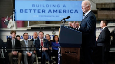 President Joe Biden speaks about his infrastructure agenda at the New Hampshire Port Authority, Portsmouth, N.H., April 19, 2022.
