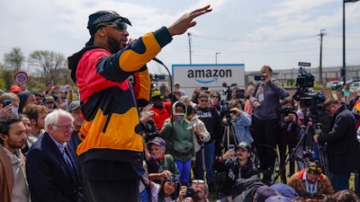 Christian Smalls, president of the Amazon Labor Union, speaks at a rally outside an Amazon facility on Staten Island in New York, Sunday, April 24, 2022. Amazon and the nascent group that successfully organized the company’s first-ever U.S. union are headed for a rematch Monday, May 2, 2022, when a federal labor board will tally votes cast by warehouse workers in yet another election on Staten Island.