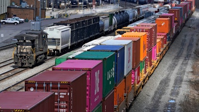 Freight train cars and containers at Norfolk Southern Railroad's Conway Yard, Conway, Pa., April 2, 2021.