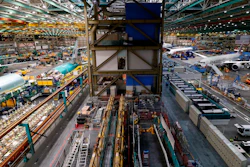 Boeing's 777 line, left, and 787 line at the Everett Production Facility in Everett, Wash., June 15, 2022.