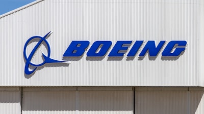 Boeing logo on a building at the Southern California Logistics Airport, Victorville, Calif., March 2017.