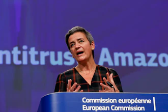 European Executive Vice-President Margrethe Vestager during a press conference regarding an antitrust case with Amazon at EU headquarters, Brussels, Nov. 10, 2020.