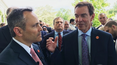 Braidy Industries Inc. CEO Craig Bouchard, right, and then-Republican Kentucky Gov. Matt Bevin speak with reporters in Wurtland, Ky., on April 26, 2017. Braidy Industries still needs to raise $500 million to build a long-promised $1.7 billion aluminum plant in Appalachia, a top company executive told Kentucky lawmakers on Tuesday, July 19, 2022.