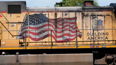 A Union Pacific Railroad locomotive in the Jackson, Miss., terminal rail yard, April 20, 2022.