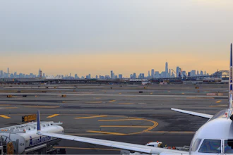 New York skyline as seen from Newark Liberty International Airport, Newark, N.J., Dec. 2016.