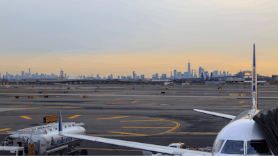 New York skyline as seen from Newark Liberty International Airport, Newark, N.J., Dec. 2016.