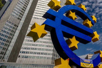 Euro sculpture in front of the former European Central Bank, Frankfurt, Germany, July 13, 2022.