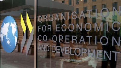The logo at OECD headquarters in Paris, June 7, 2017.