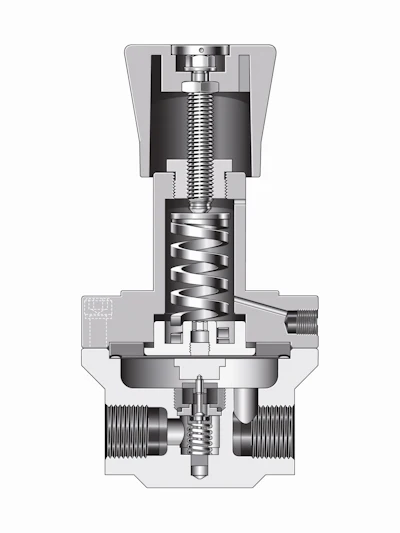 Figure 1. Inside a spring-loaded pressure-reducing regulator, a spring applies force on a sensing element to raise and lower the poppet over the orifice and thereby control the outlet pressure.