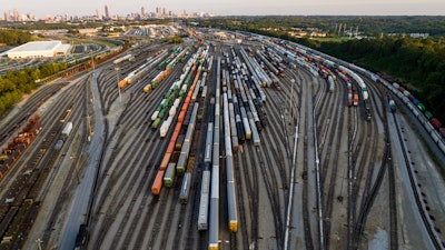 Freight train cars in a Norfolk Southern rail yard, Sept. 14, 2022, Atlanta.