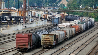 Freight cars at the Norfolk Southern Conway Terminal in Conway, Pa., Sept. 15, 2022.