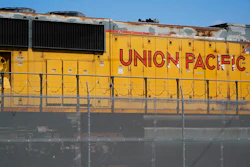 A Union Pacific train engine in a rail yard, Sept. 14, 2022, Commerce, Calif.