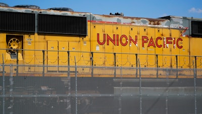 A Union Pacific train engine in a rail yard, Sept. 14, 2022, Commerce, Calif.