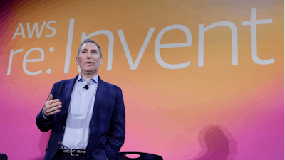 Amazon Web Services CEO Andy Jassy discusses a new initiative during AWS re:Invent 2019 on Dec. 5, 2019, in Las Vegas.