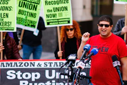 Amazon JFK8 distribution center union organizer Jason Anthony speaks to media, Brooklyn, N.Y., April 1, 2022.