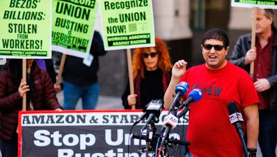 Amazon JFK8 distribution center union organizer Jason Anthony speaks to media, Brooklyn, N.Y., April 1, 2022.