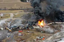 Drone photo of a Norfolk and Southern freight train that derailed East Palestine, Ohio, Feb. 4, 2023.