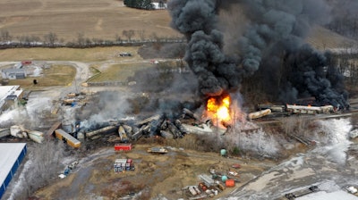 Drone photo of a Norfolk and Southern freight train that derailed East Palestine, Ohio, Feb. 4, 2023.