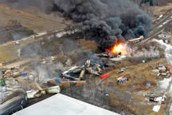 This photo taken with a drone shows portions of a Norfolk Southern freight train that derailed Friday night in East Palestine, Ohio are still on fire at mid-day Saturday, Feb. 4, 2023.