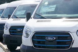Ford E-Transit electric vans displayed at Gus Machado Ford, Hialeah, Fla., Jan. 23, 2023.