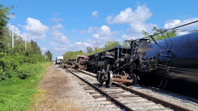 A derailed freight train operated by Seminole Gulf Railway near Bradenton, Fla., Feb. 28, 2023.