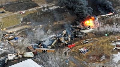 This photo taken with a drone shows portions of a Norfolk Southern freight train that derailed Feb. 3, in East Palestine, Ohio, are still on fire on Feb. 4, 2023. A Senate committee is holding a hearing Thursday, March 9, to look into the train derailment in East Palestine.