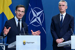 Sweden Prime Minister Ulf Kristersson and NATO Secretary General Jens Stoltenberg during a press conference in Stockholm, March 7, 2023.