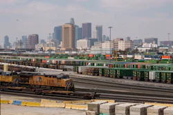 Los Angeles skyline is seen above the Union Pacific LATC Intermodal Terminal is seen on Tuesday, April 25, 2023 in Los Angeles.