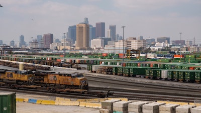 Los Angeles skyline is seen above the Union Pacific LATC Intermodal Terminal is seen on Tuesday, April 25, 2023 in Los Angeles.