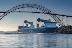 The SC Connector, a freight-hauling vessel owned by Sea-Cargo, passes beneath the Karmsund Bridge in Haugesund, Norway, in 2021.