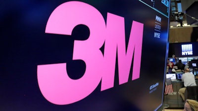 3M logo on a screen above the trading floor of the New York Stock Exchange, Oct. 24, 2017.