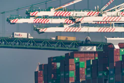 The Vincent Thomas Bridge over the Evergreen terminal at the Port of Los Angeles, San Pedro, Calif., Nov. 30, 2021.