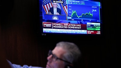 Federal Reserve Chairman Jerome Powell on a monitor at the New York Stock Exchange, May 3, 2023.