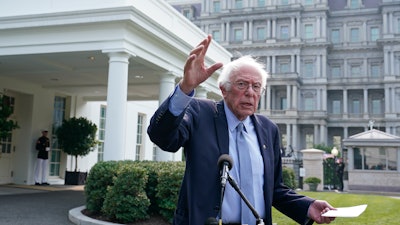 Sen. Bernie Sanders, I-Vt., speaks to reporters following his meeting with President Joe Biden at the White House, July 17, 2023.