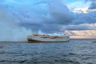 Smoke and flames on a freight ship in the North Sea off the Dutch island of Ameland, July 26, 2023.