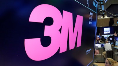 The logo for 3M appears on a screen above the trading floor of the New York Stock Exchange, Oct. 24, 2017.