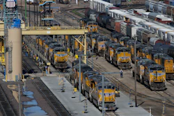 Locomotives stacked with freight cars at the Union Pacific Railroad's Bailey Yard, North Platte, Neb., April 21, 2016.