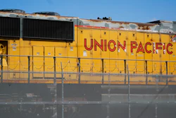 A Union Pacific train engine sits in a rail yard on Wednesday, Sept. 14, 2022, in Commerce, Calif.