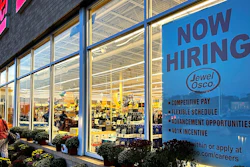 A hiring sign is displayed at a Jewel Osco store, Deerfield, Ill., Oct. 5, 2023.
