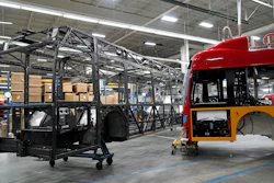Parts of electric busses at electric vehicle manufacturer New Flyer, Feb. 9, 2023, in St. Cloud, Minn.
