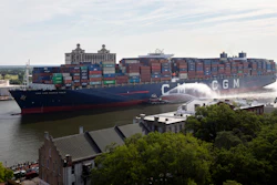 The container ship CMA CGM Marco Polo sails toward the Port of Savannah, May, 26, 2021.